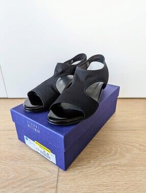 Stuart Weitzman Giver Black Gauze  Stretch Demi-Wedge Sandals - Women's 8